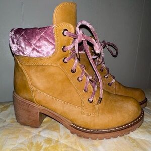 Tan Pink Plush Top Collar Booties Shoes Chunky High Heel